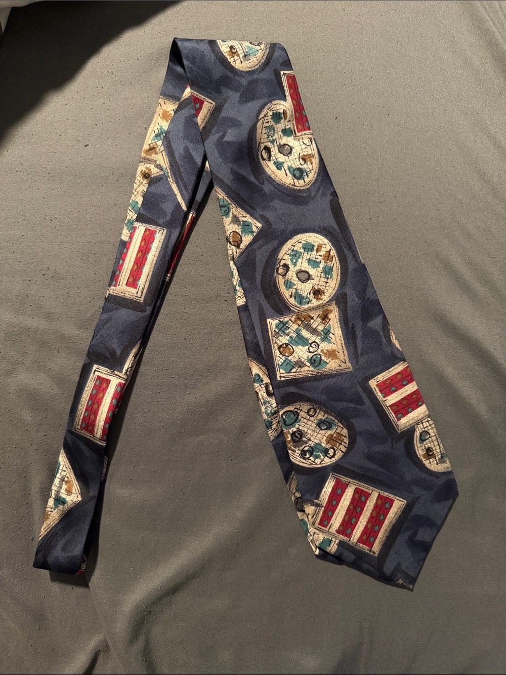Navy Geometric Pattern Men's Tie - Navy with Red & Cream Accents